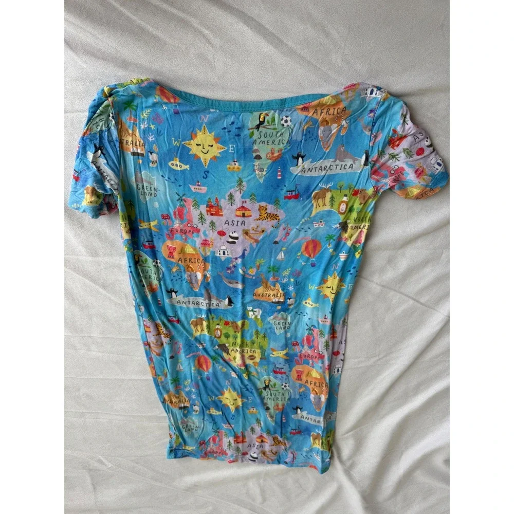 Little Sleepies Around the World Bamboo Pajama Set Blue Kids 12 Lunaluxe map